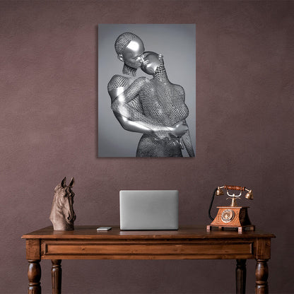 Silver statues on a gray background Canvas Wall Art Print