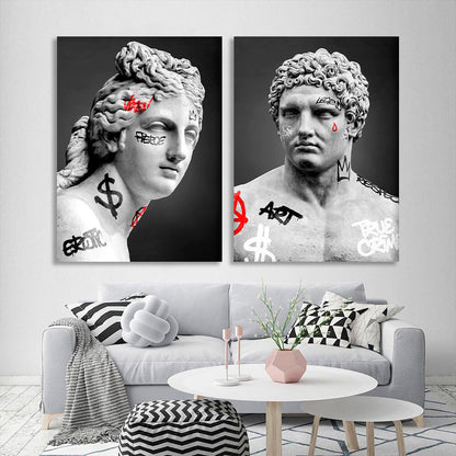 Modular two Greek statues on a gray background Multi Panel Canvas Wall Art Print