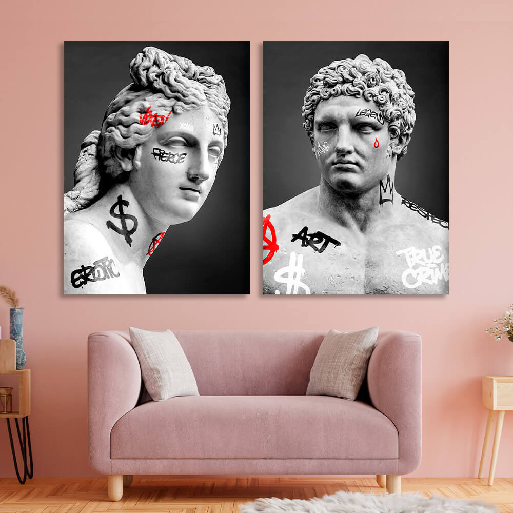 Modular two Greek statues on a gray background Multi Panel Canvas Wall Art Print