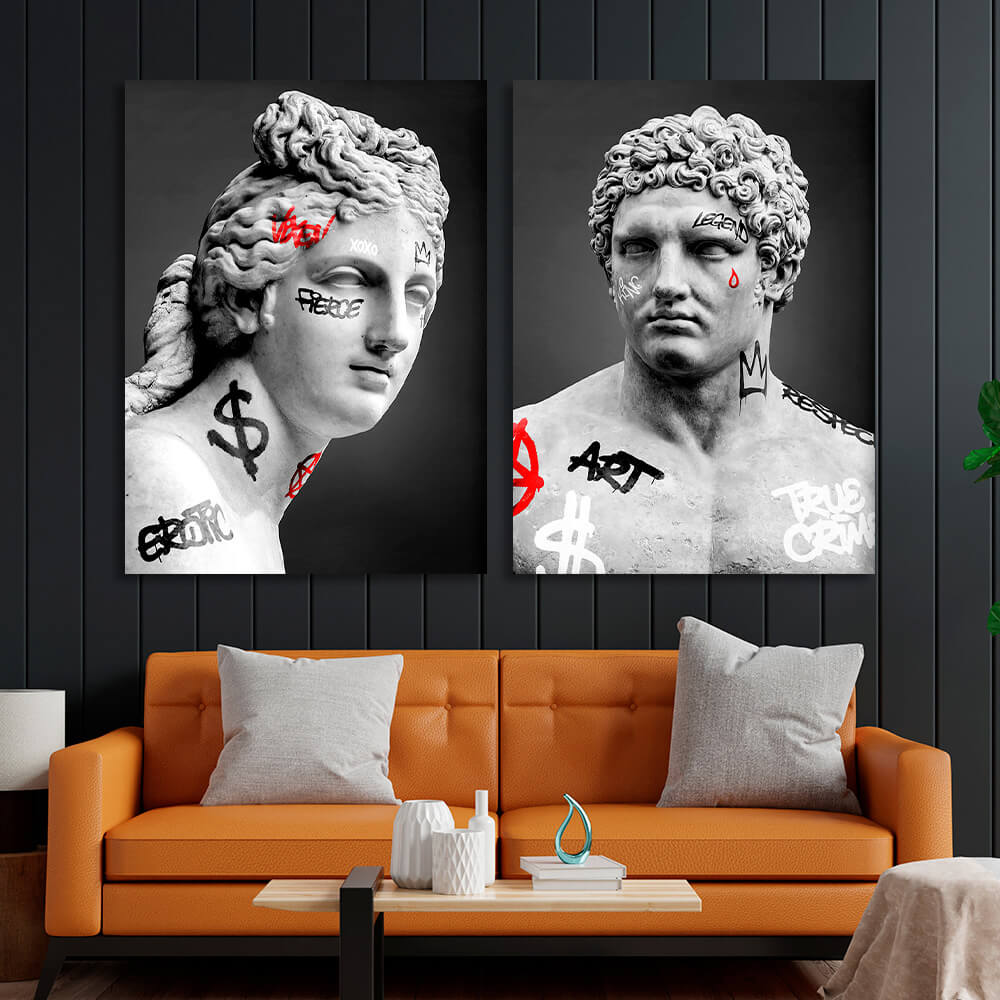 Modular two Greek statues on a gray background Multi Panel Canvas Wall Art Print