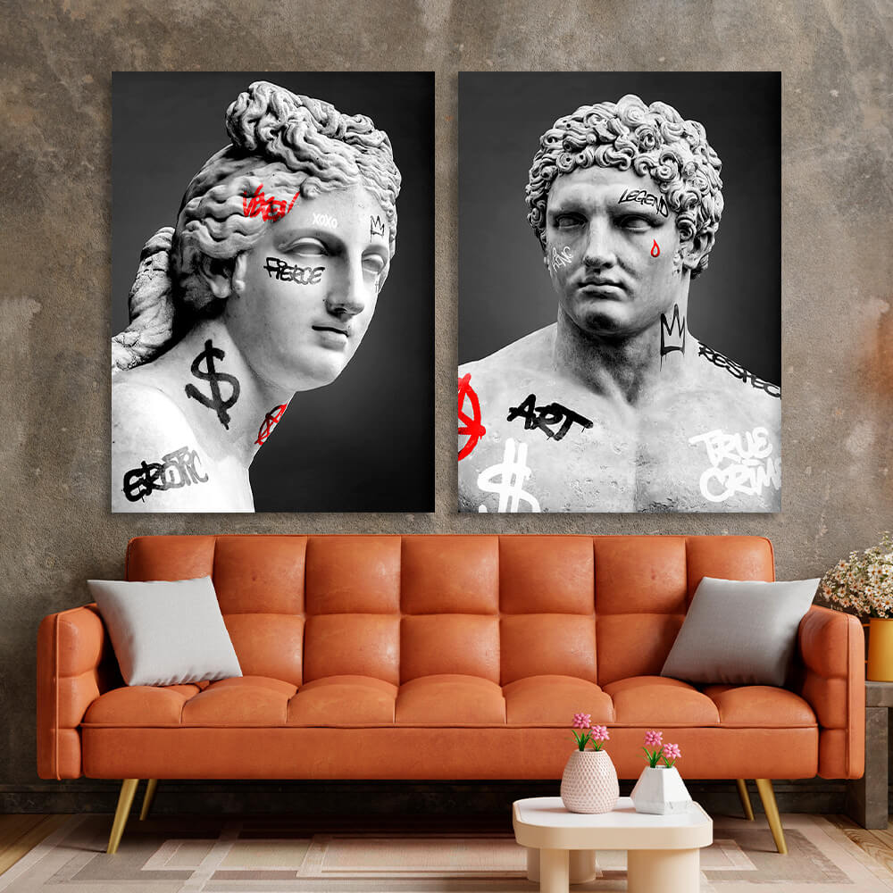 Modular two Greek statues on a gray background Multi Panel Canvas Wall Art Print