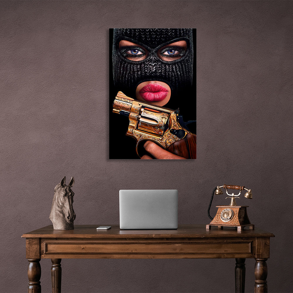 A girl in a balaclava mask with a revolver Canvas Wall Art Print