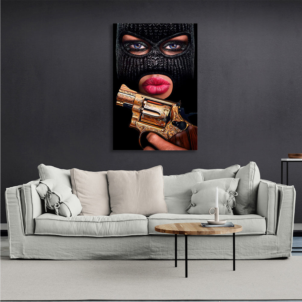 A girl in a balaclava mask with a revolver Canvas Wall Art Print