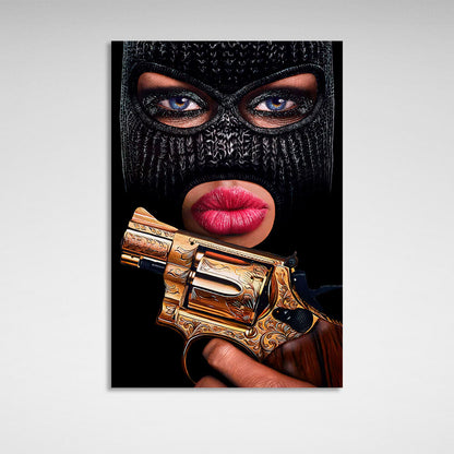 A girl in a balaclava mask with a revolver Canvas Wall Art Print