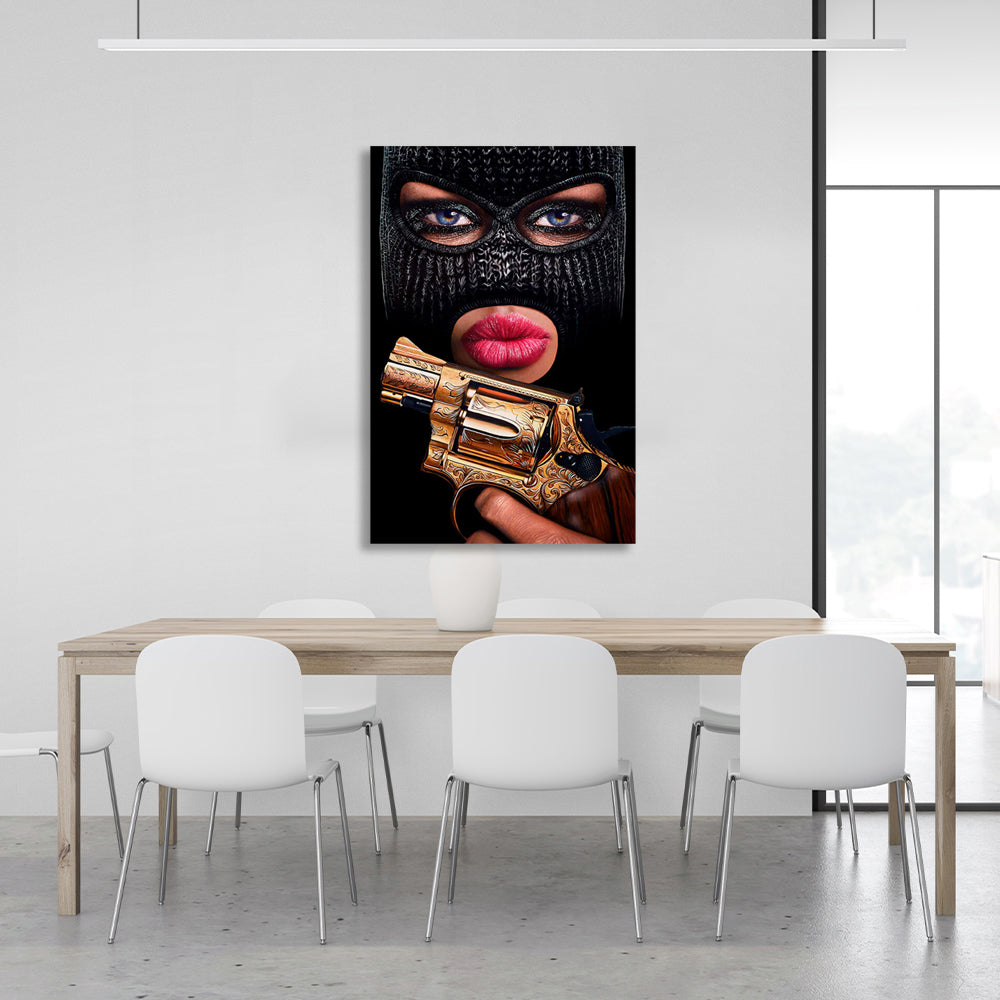 A girl in a balaclava mask with a revolver Canvas Wall Art Print