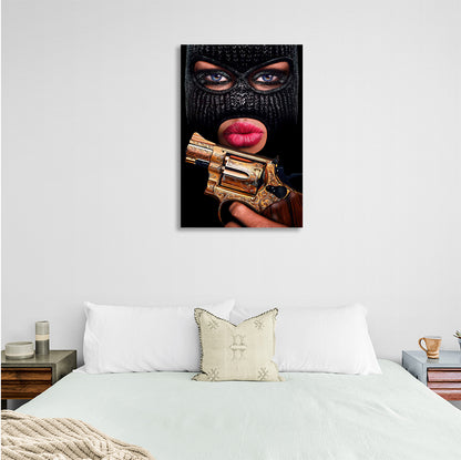 A girl in a balaclava mask with a revolver Canvas Wall Art Print