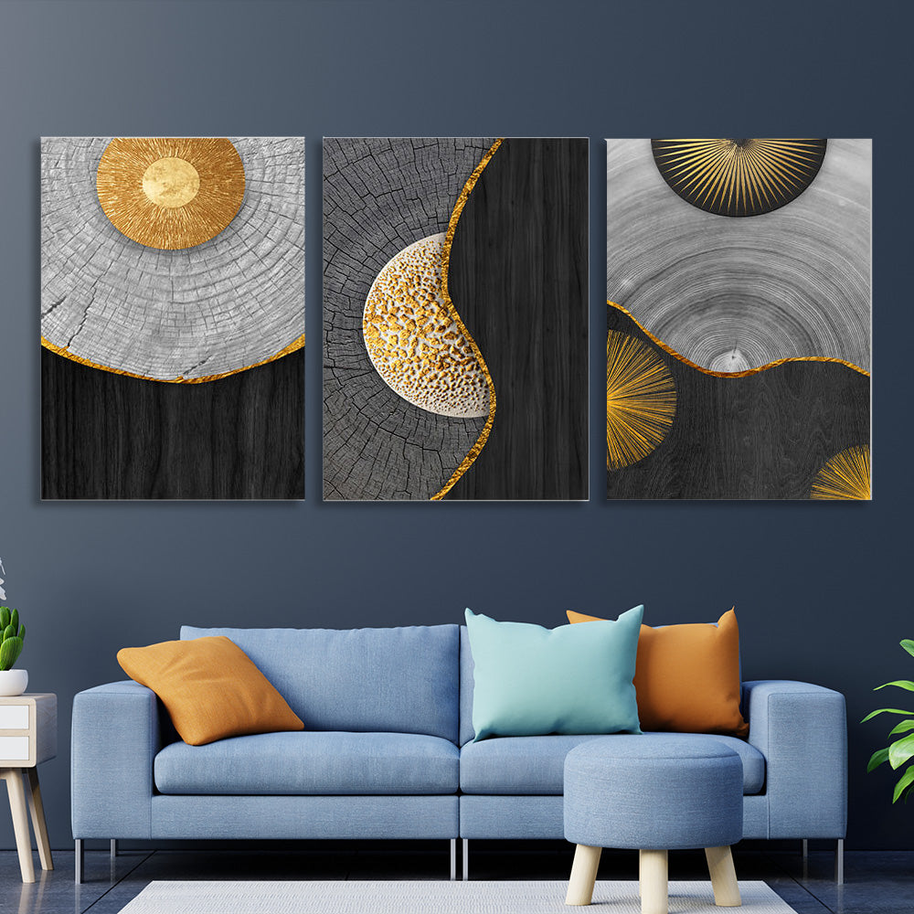 Modular of three-piece black and gray wood Multi Panel Canvas Wall Art Print