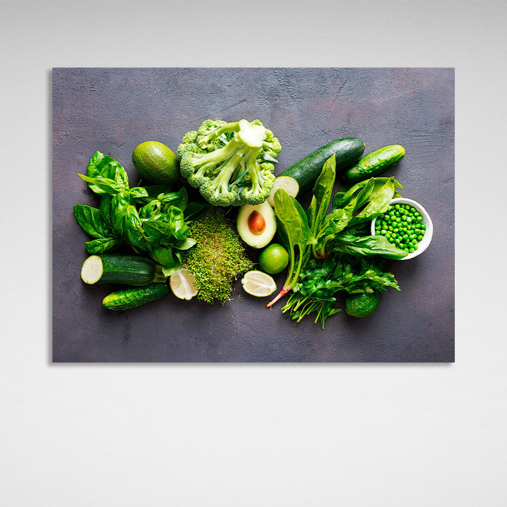 Cabbage, cucumber, peas, avocado Canvas Wall Art Print For Kitchen