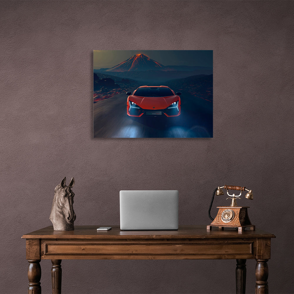 Car orange Lamborghini with a volcano in the background Canvas Wall Art Print