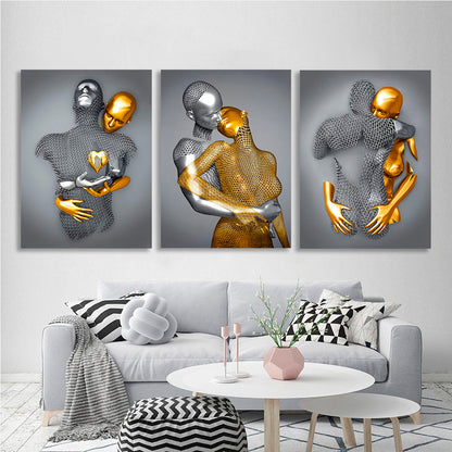 Modular of three pieces for bedroom Statues of a man and a woman silver and gold Multi Panel Canvas Wall Art Print