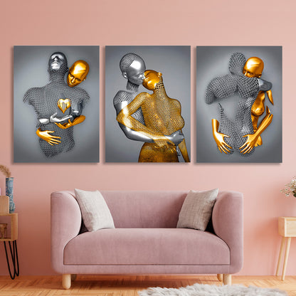 Modular of three pieces for bedroom Statues of a man and a woman silver and gold Multi Panel Canvas Wall Art Print