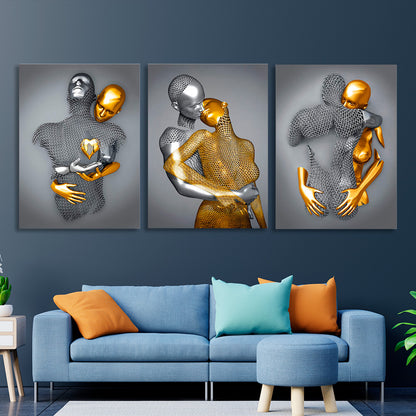 Modular of three pieces for bedroom Statues of a man and a woman silver and gold Multi Panel Canvas Wall Art Print