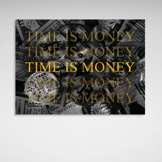 Dollars and bitcoin time money on a gray background Inspirational  Canvas Wall Art Print