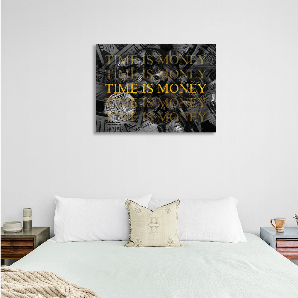 Dollars and bitcoin time money on a gray background Inspirational  Canvas Wall Art Print