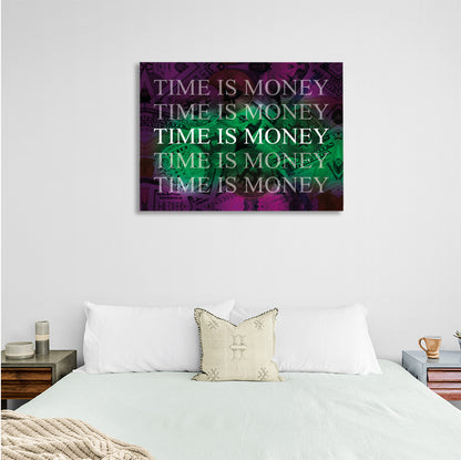 Dollars and bitcoin time is money on a purple background Inspirational  Canvas Wall Art Print