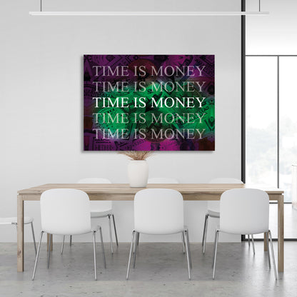 Dollars and bitcoin time is money on a purple background Inspirational  Canvas Wall Art Print