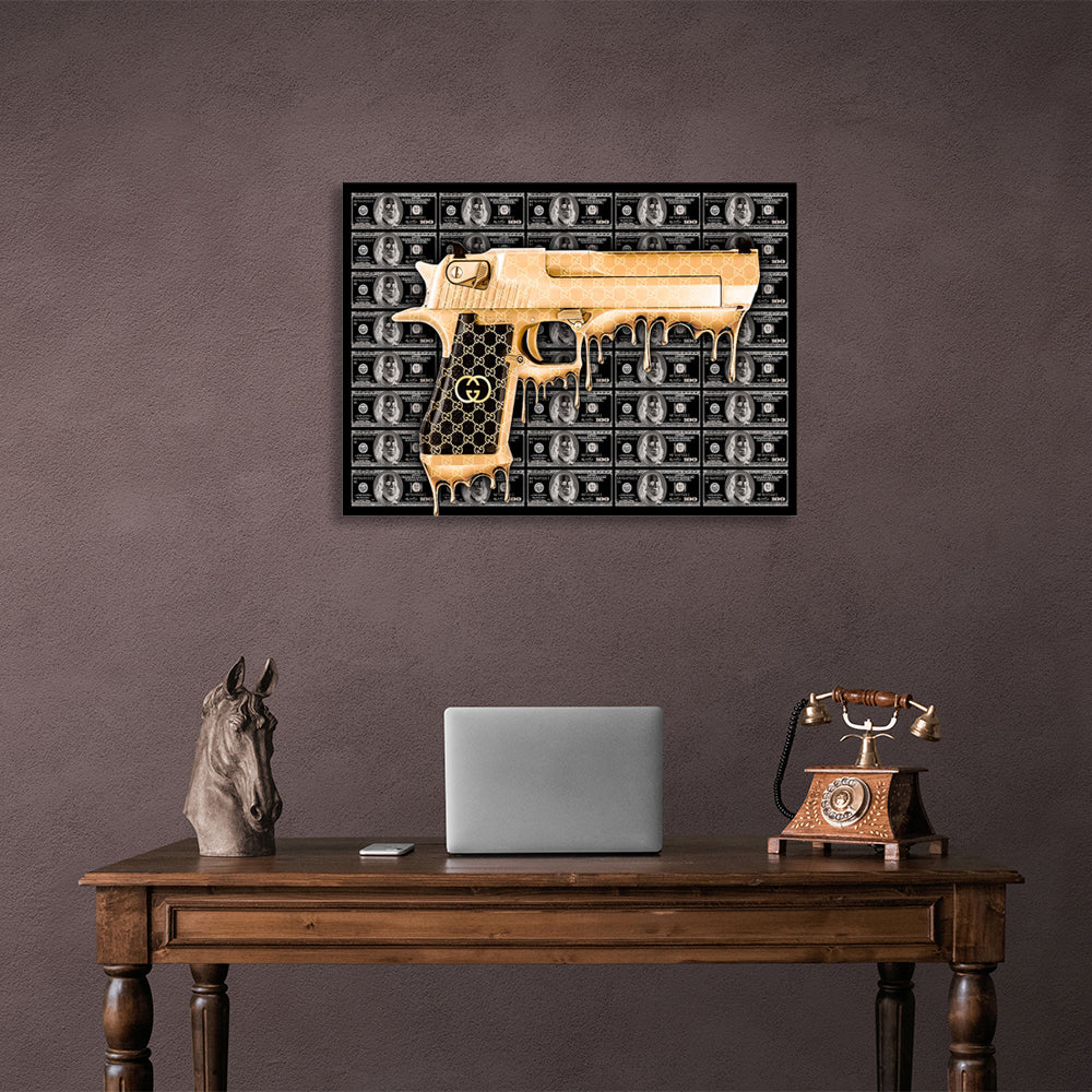 A gold gun against a background of black dollars Inspirational Canvas Wall Art Print