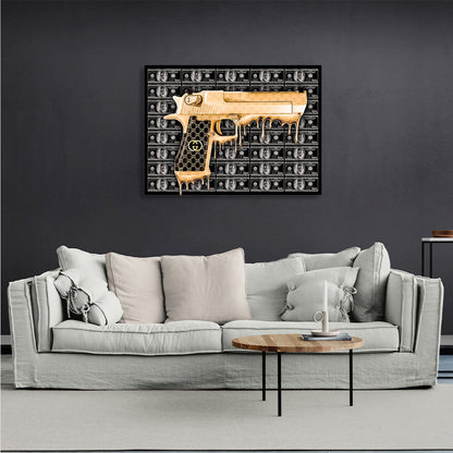 A gold gun against a background of black dollars Inspirational Canvas Wall Art Print