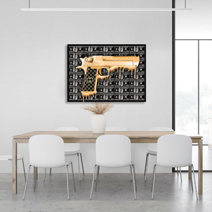 A gold gun against a background of black dollars Inspirational Canvas Wall Art Print