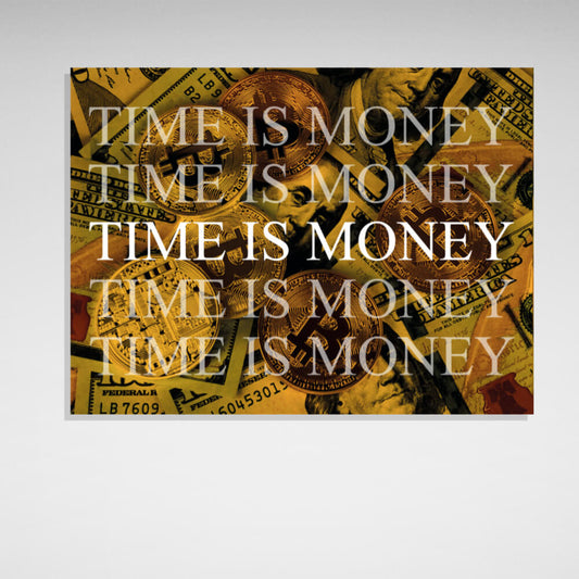 Dollars and bitcoin time money on a yellow background Motivational Canvas Wall Art Print