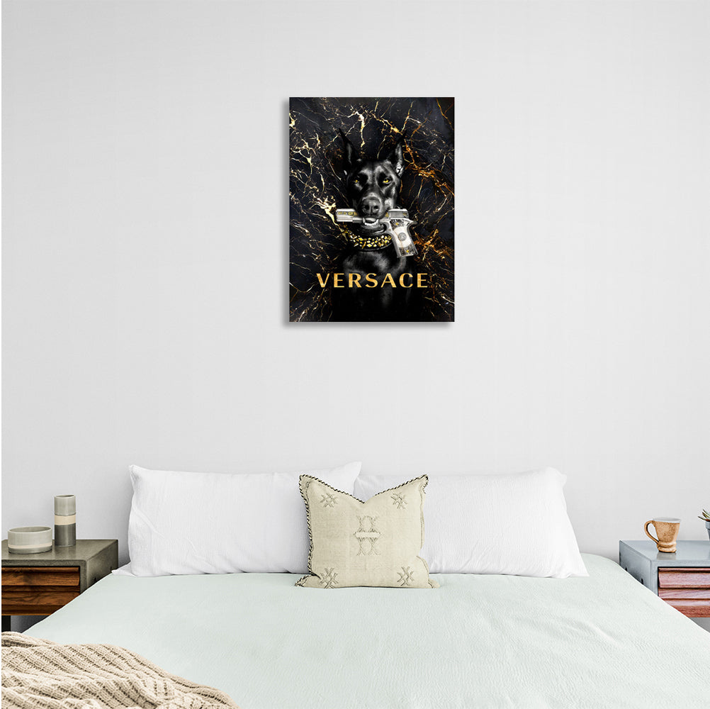 Doberman with a Versace gun Motivational Canvas Wall Art Print