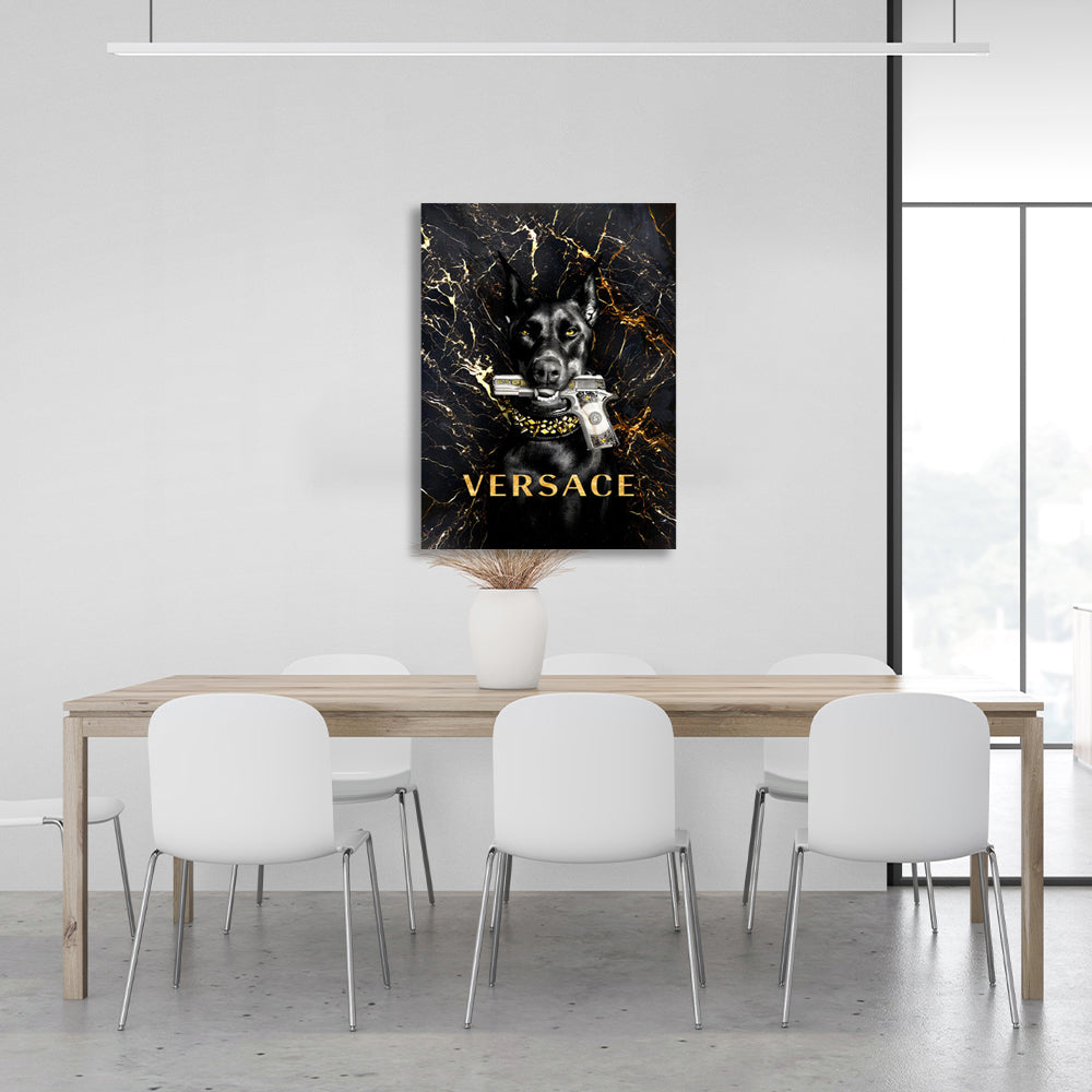 Doberman with a Versace gun Motivational Canvas Wall Art Print