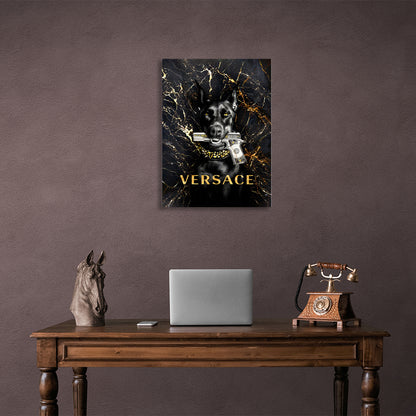 Doberman with a Versace gun Motivational Canvas Wall Art Print