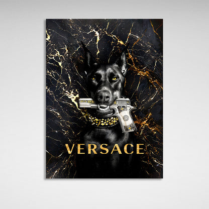 Doberman with a Versace gun Motivational Canvas Wall Art Print