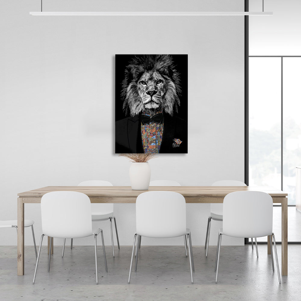 A black and white lion in a Tuxedo Canvas Wall Art Print