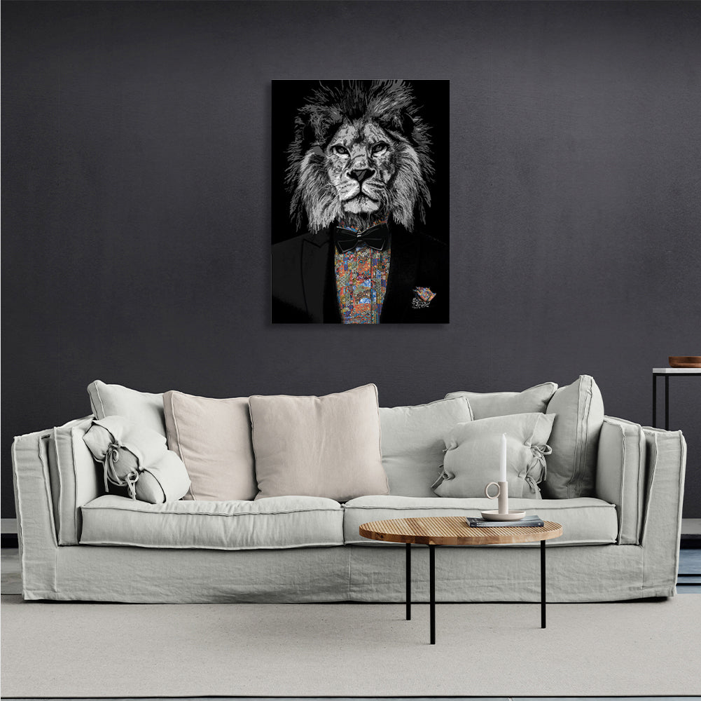 A black and white lion in a Tuxedo Canvas Wall Art Print