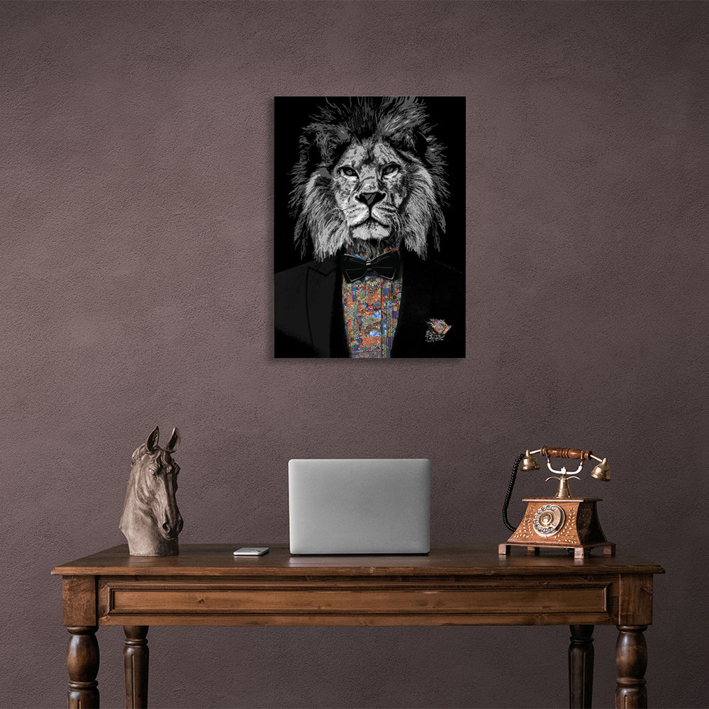 A black and white lion in a Tuxedo Canvas Wall Art Print