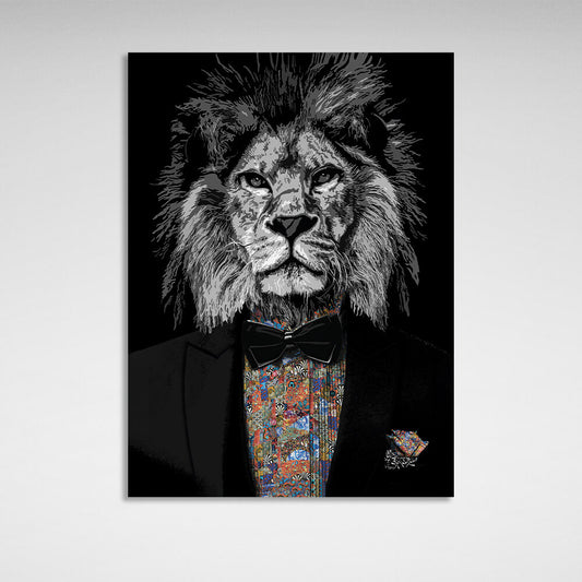 A black and white lion in a Tuxedo Canvas Wall Art Print