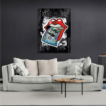 Red lips on a black background $100 Canvas Wall Art Print