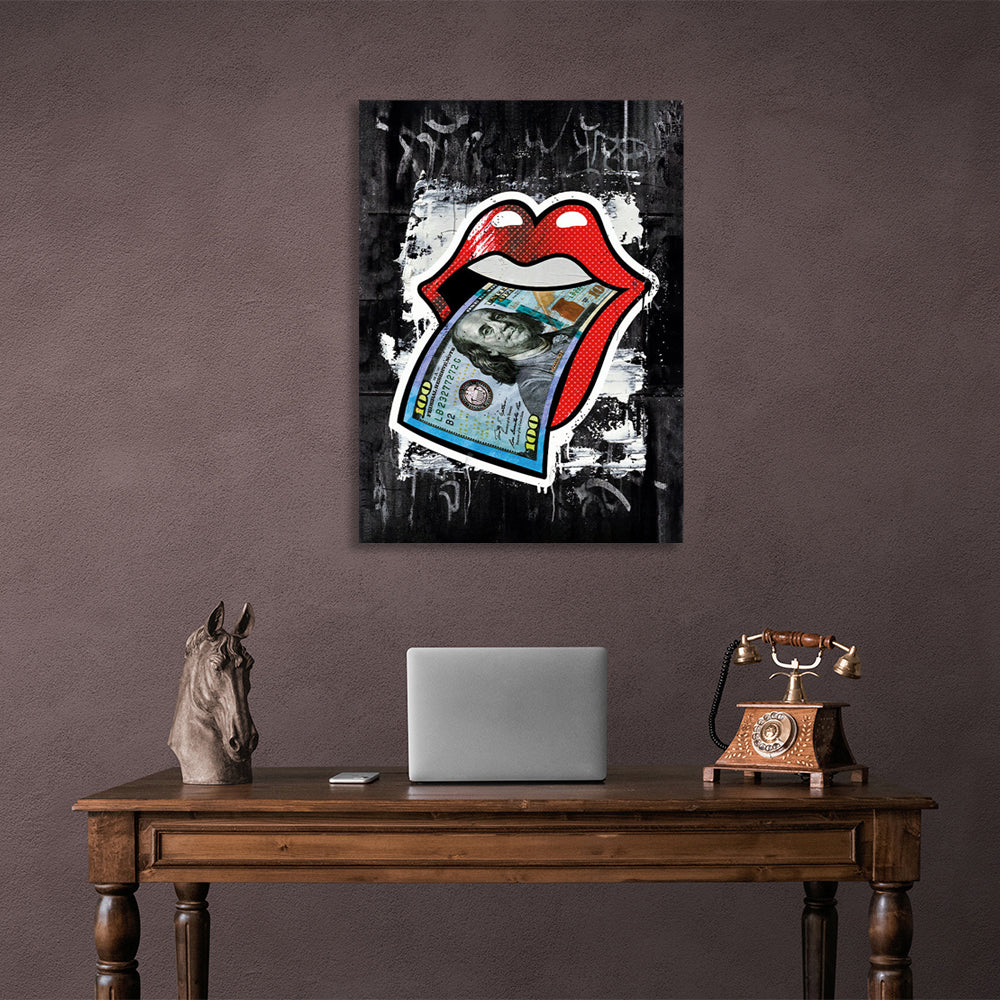 Red lips on a black background $100 Canvas Wall Art Print