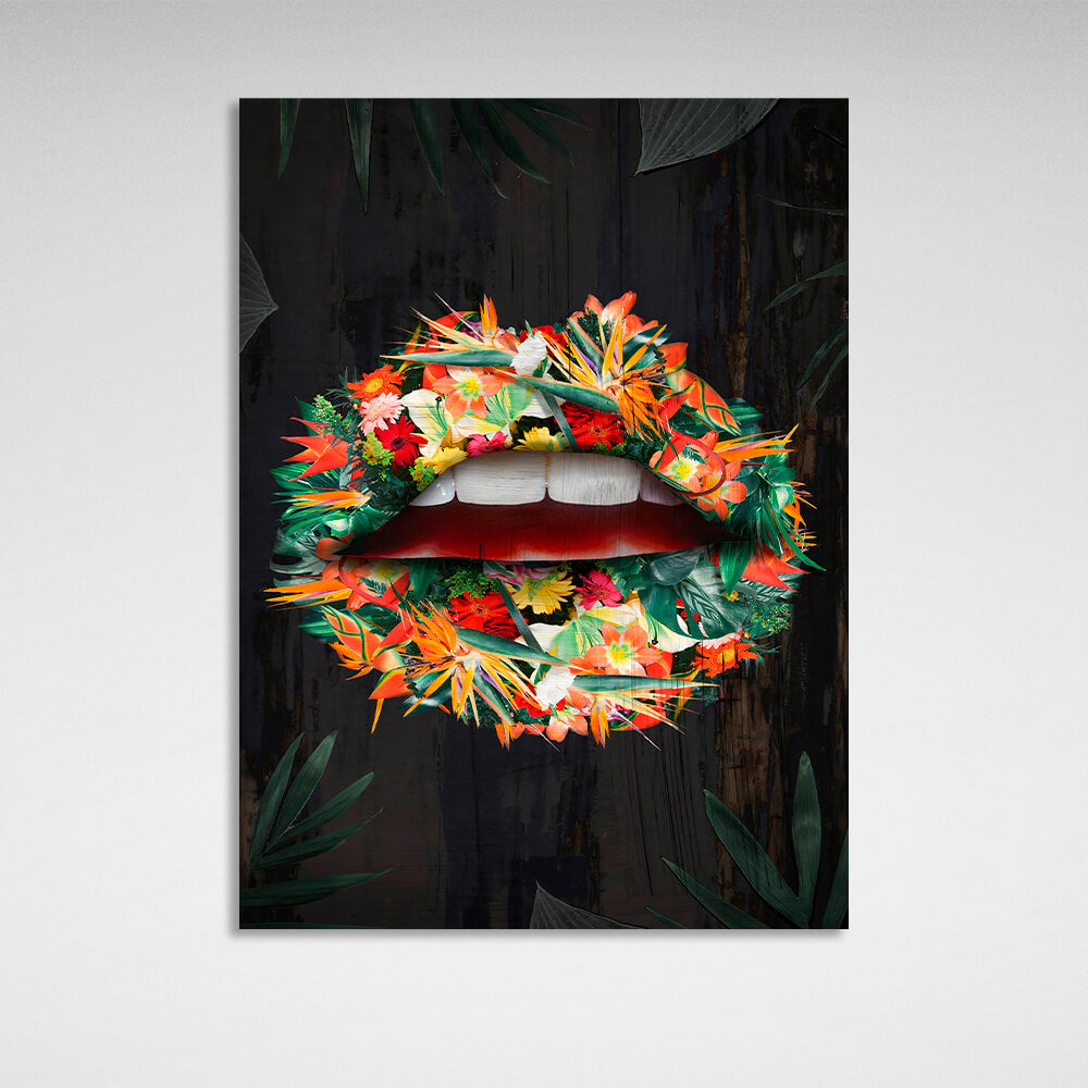 Lips orange flowers and leaves Canvas Wall Art Print