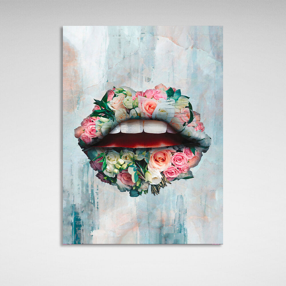 Lips pink flowers and leaves Canvas Wall Art Print