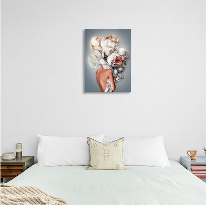 Girl with white flowers on her head on gray background Canvas Wall Art Print