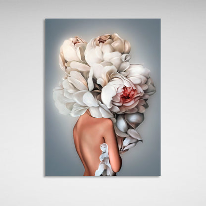 Girl with white flowers on her head on gray background Canvas Wall Art Print