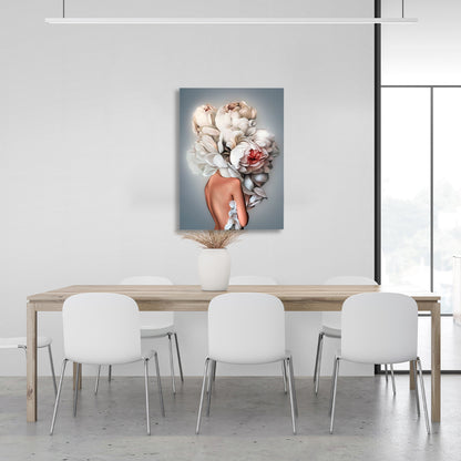 Girl with white flowers on her head on gray background Canvas Wall Art Print