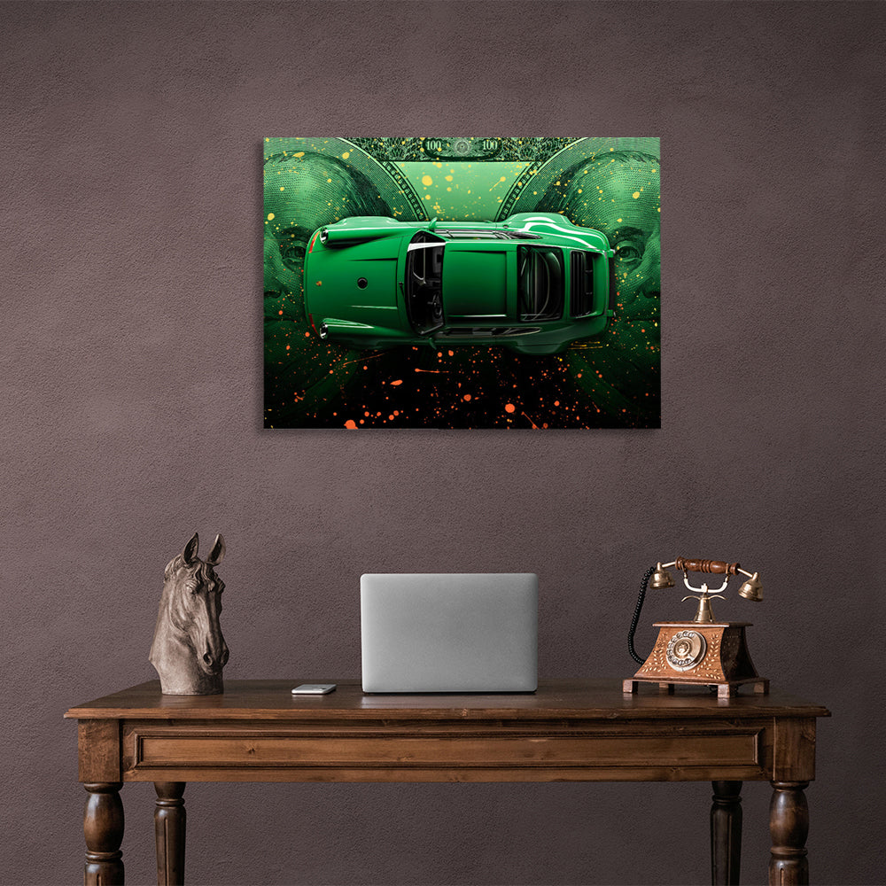 A green Porsche against the backdrop of dollars Canvas Wall Art Print