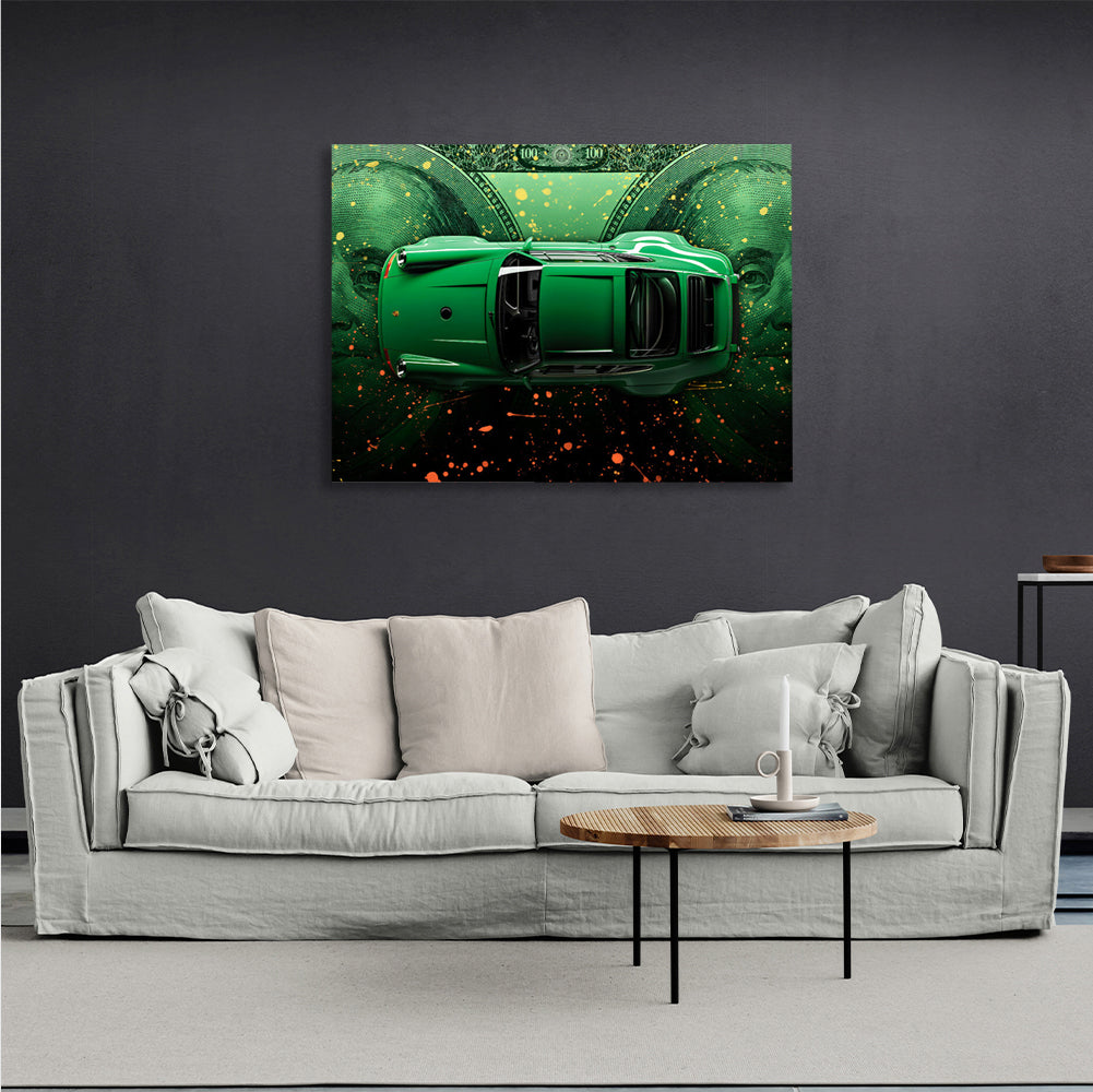 A green Porsche against the backdrop of dollars Canvas Wall Art Print