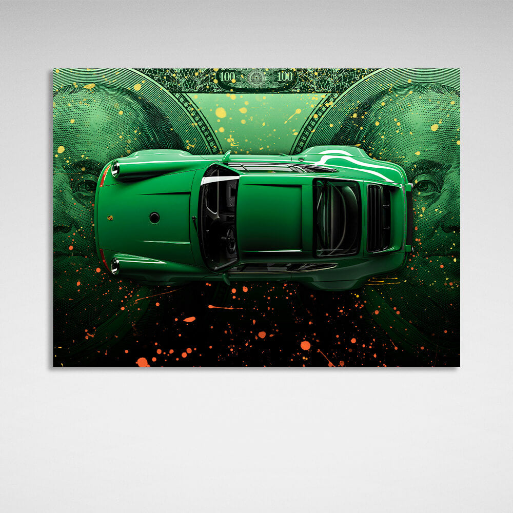 A green Porsche against the backdrop of dollars Canvas Wall Art Print