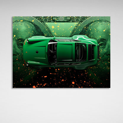 A green Porsche against the backdrop of dollars Canvas Wall Art Print