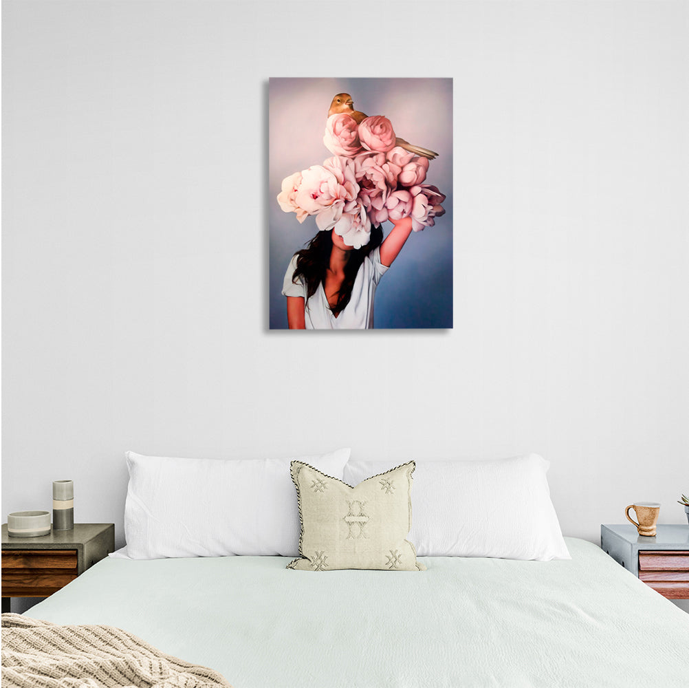 A girl with flowers and a bird on her head Canvas Wall Art Print