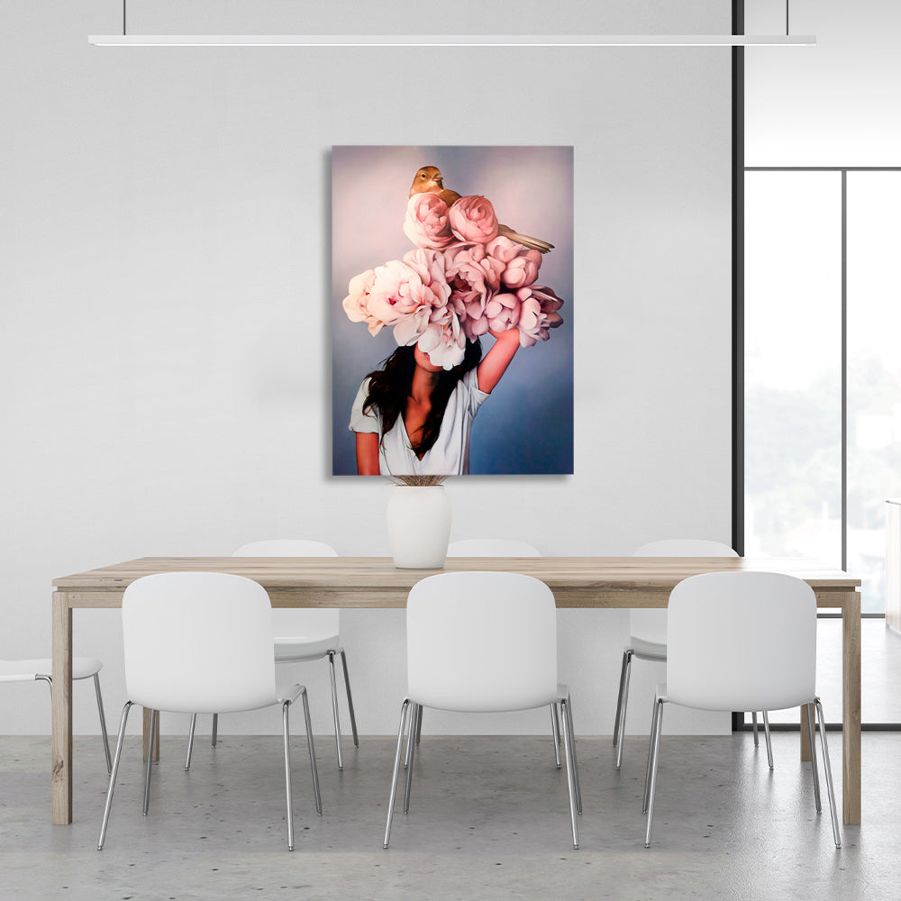 A girl with flowers and a bird on her head Canvas Wall Art Print