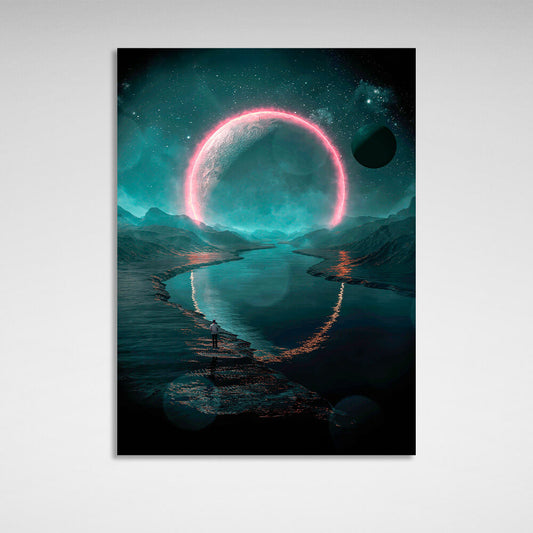 Space Green-Pink Planet Canvas Wall Art Print