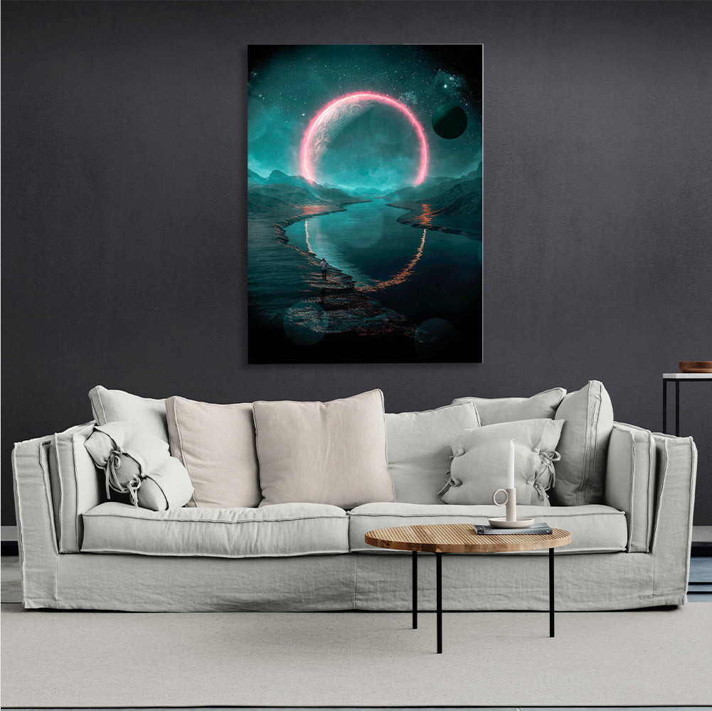 Space Green-Pink Planet Canvas Wall Art Print