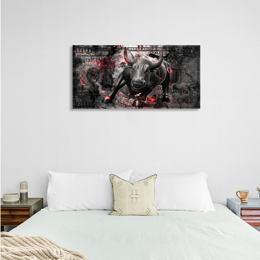 100 dollars with an attacking bull Inspirational Canvas Wall Art Print