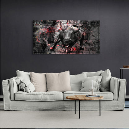 100 dollars with an attacking bull Inspirational Canvas Wall Art Print