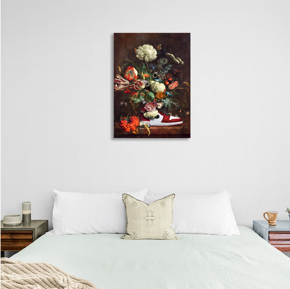 Flowers, a sneaker and money Inspirational Canvas Wall Art Print